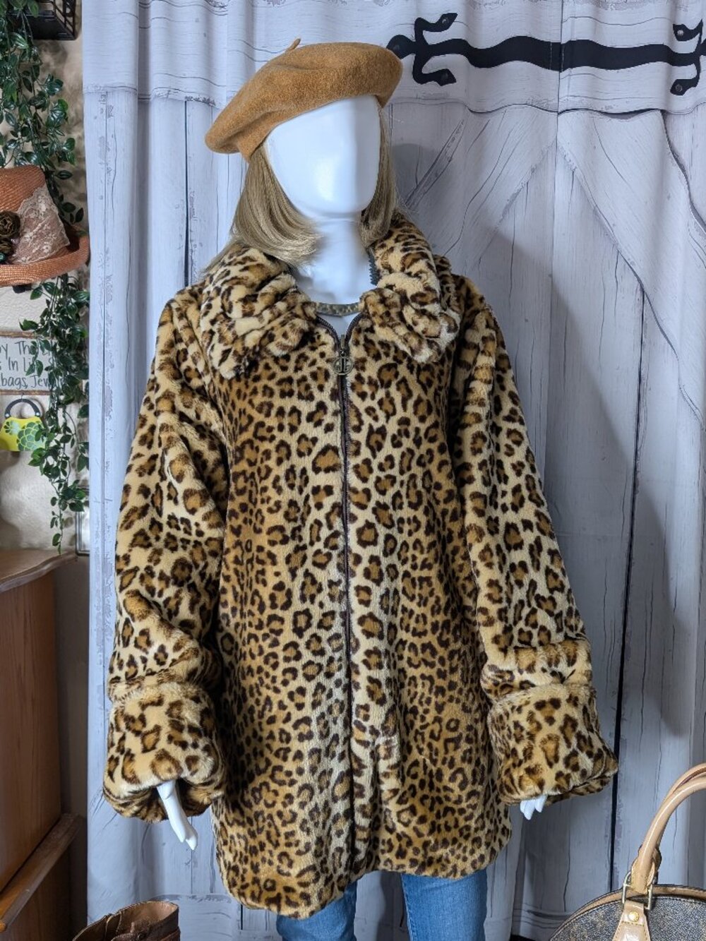 Dennis Basso Faux Fur Zip Leopard Print Reversible Winter Coat MEDIUM